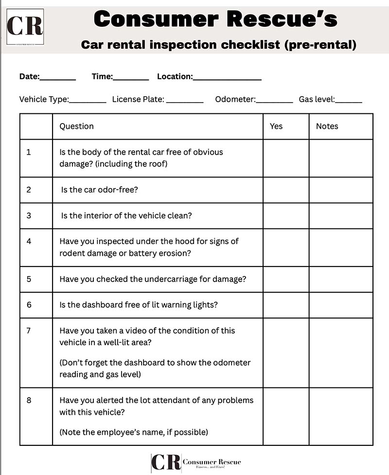Car rental pre-rental inspection, free form from Consumer Rescue, Download and print this checklist
