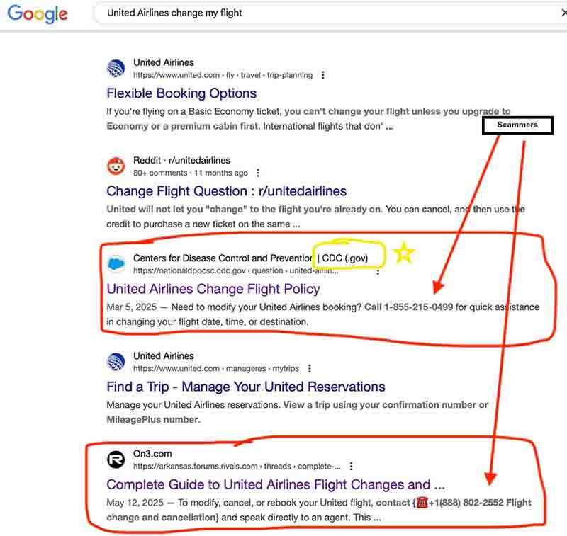 Scammers on the internet The Center for Disease Control appearing in the search results sharing a scam call center, that's not United Airlines, CDC doesn't have an airline directory, fake airline call center on the internet