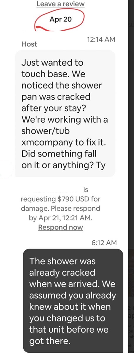 middle of the night discovery Airbnb host suddenly requesting damage charges in the middle of the night, three weeks after checkout is too late to "discover" damage in a vacation rental