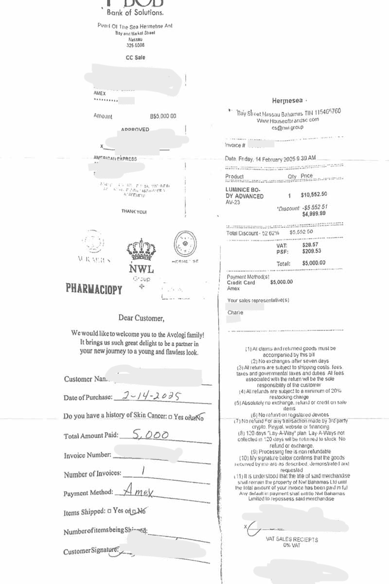 One of the many receipts this cruise ship passenger signed during her port stop in Nassau, $10,000 free facial