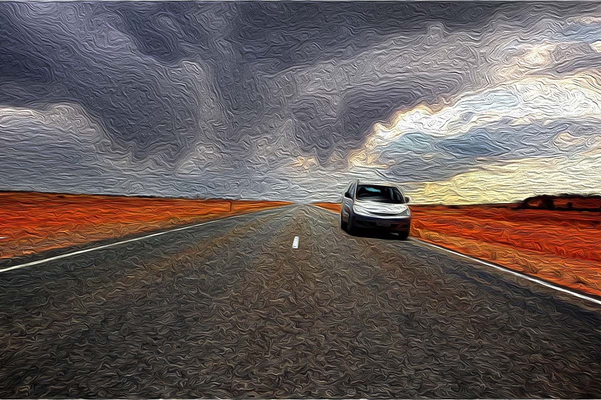 Car rental company banned customer, rental car along a road with a storm above