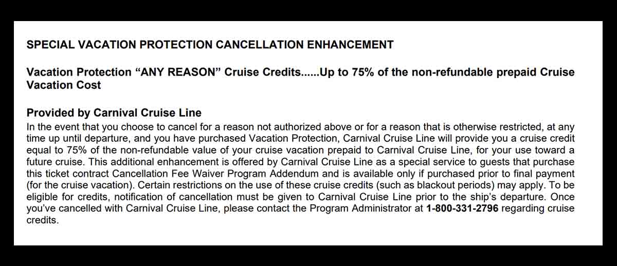 Carnival Vacation Protection Carnival Protection Plan, Special Vacation Protection, Miss your cruise get a future cruise credit