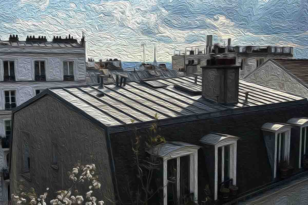 Eiffel Tower in the distance Paris scene, Rooftops of Paris
