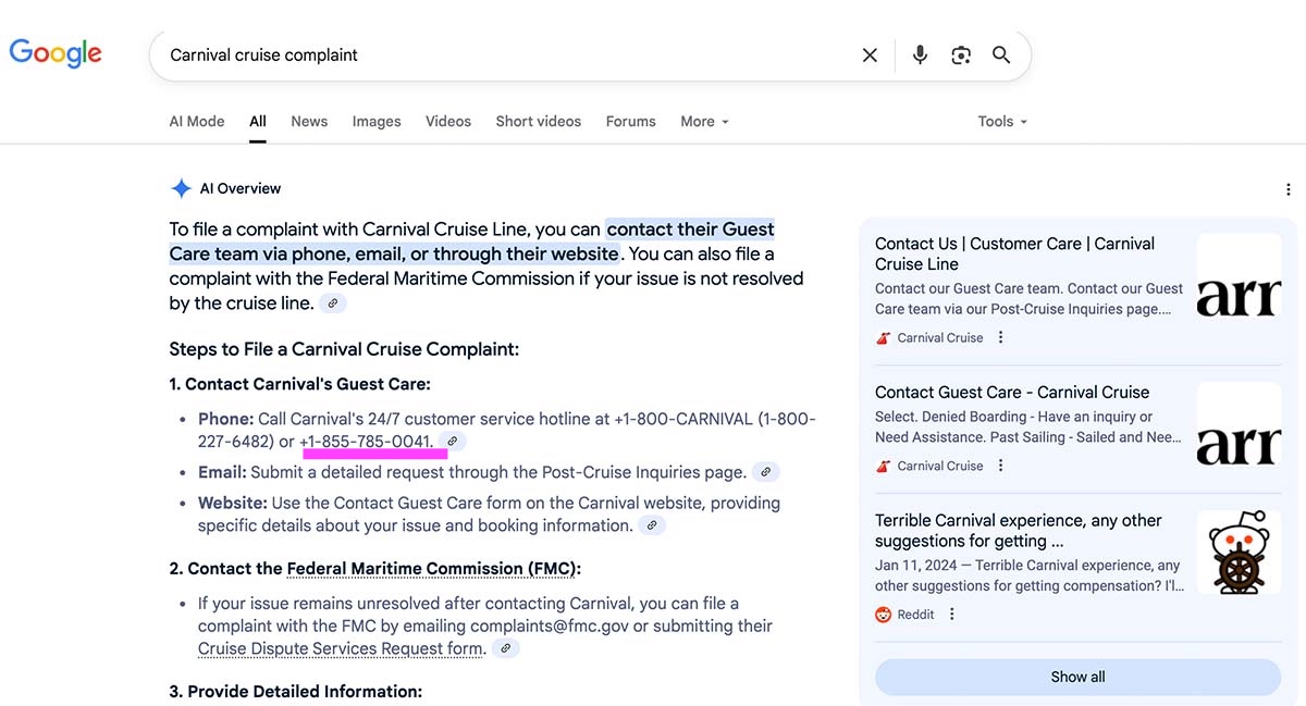 Fake call center for Carnival Fake Carnival Cruise Line customer service in the search results, Scam call center being promoted in the Google search results for Carnival