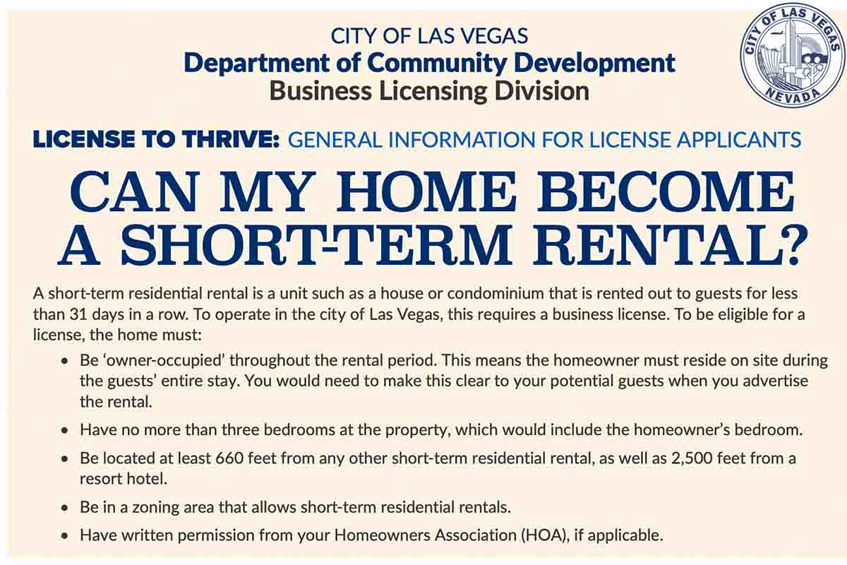 Rules for short-term vacation rentals like Airbnb in Las Vegas