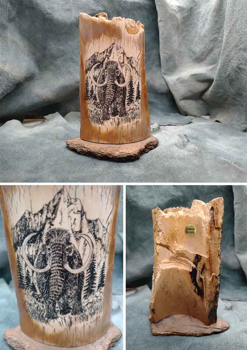 Another ivory tusk scrimshaw Woolly Mammoth carved into a fossilized ivory tusk, scrimshaw, delicate artwork