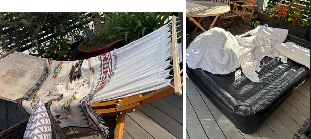 Hammock sleeping arrrangements on porch Vrbo copy A Vrbo flophouse, this shows that some guests were forced to sleep on the porch in dirty hammocks and blow-up beds