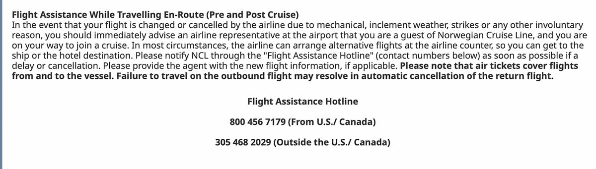Norwegian Cruise Line's Air Sea Program flight assistance information, NCL's flight assistance number, 1-800-456-7179