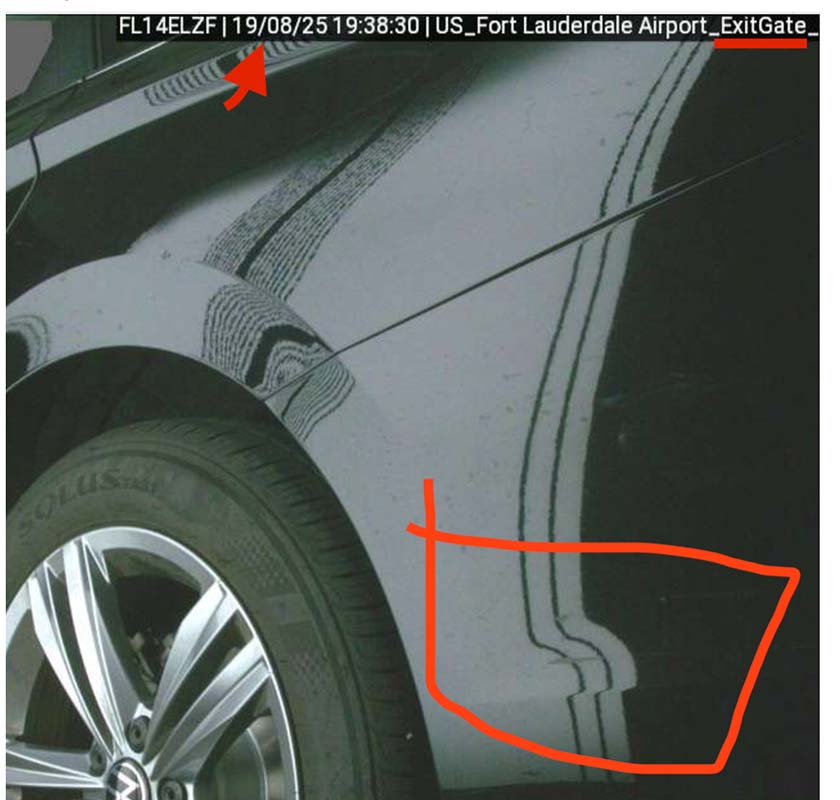 Prerental AI photo shows damage Car Gate AI scanner missed this vehicle's damage on pick-up, Sixt's AI scanner makes mistakes, Consumer reporter Michelle Couch-Friedman can see the damage so why did the AI scanner miss it?, Fort Lauderdale Airport Sixt Rent a Car AI scans
