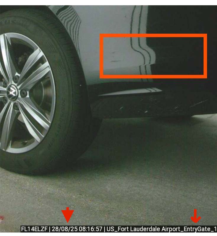 Sixt post rental AI scanner shows damage copy Car Gate AI scanner "sees" the damage on return that it missed on the way out, Car Gate AI scanner mistake, Sixt customer gets billed for rental car repairs because of AI scanner's mistake, Fort Lauderdale Airport Car Gate AI scanner images