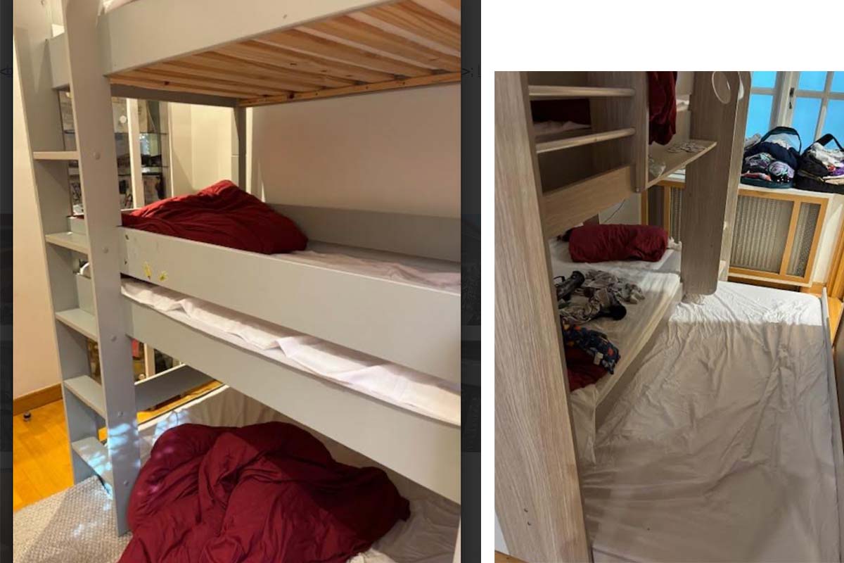 Toddler size triple bunk beds at Vrbo rental Instead of a luxury vacation rental, the host put this family in a property with trundle beds and toddler-sized triple bunk beds.
