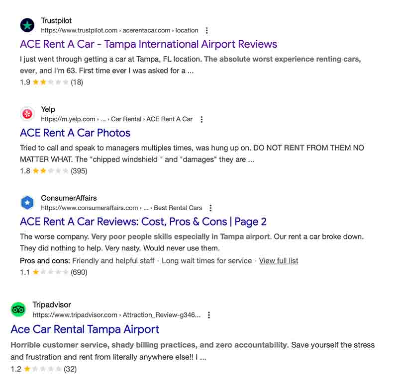 Ace Rent a Car in Tampa awful reviews Screenshot of hundreds of 1-star reviews for Ace Rent a Car in Tampa.