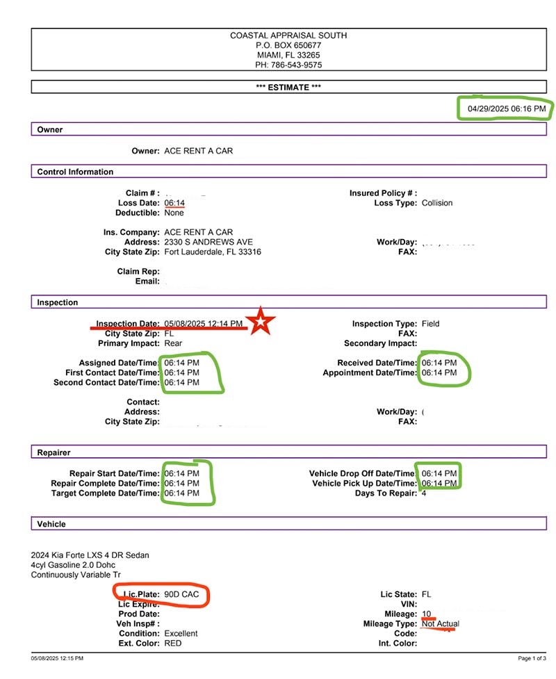 Car rental repair estimate The incident report and estimate for repairs show this Ace rental car was damaged prior to the rental, A repair bill created before the customer's rental began, looks like a rental car repair scam