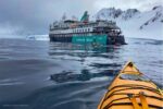 Aurora Expeditions celebrates Vantage Explorations' 2nd birthday, The Sylvia Earle is one of Aurora's luxury ships, approaching the expedition ship in a kayak