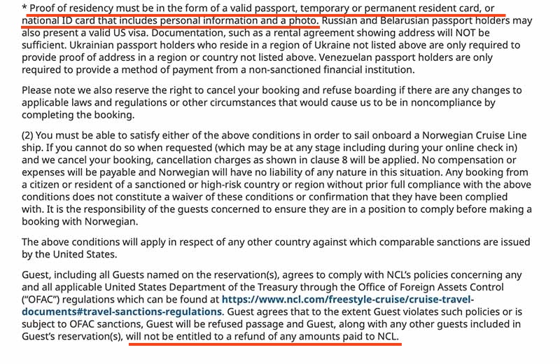 Norwegian Cruise Line's proof of residency requirements How to prove residency or citizenship to NCL, terms and conditions of Norwegian Cruise Line, No refund if passenger can't board the ship