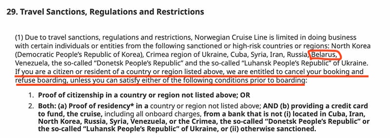 Section 29 of NCL contract Norwegian Cruise Line's terms and conditions, Explanation of international sanctions and how they apply to passport holders of certain countries.