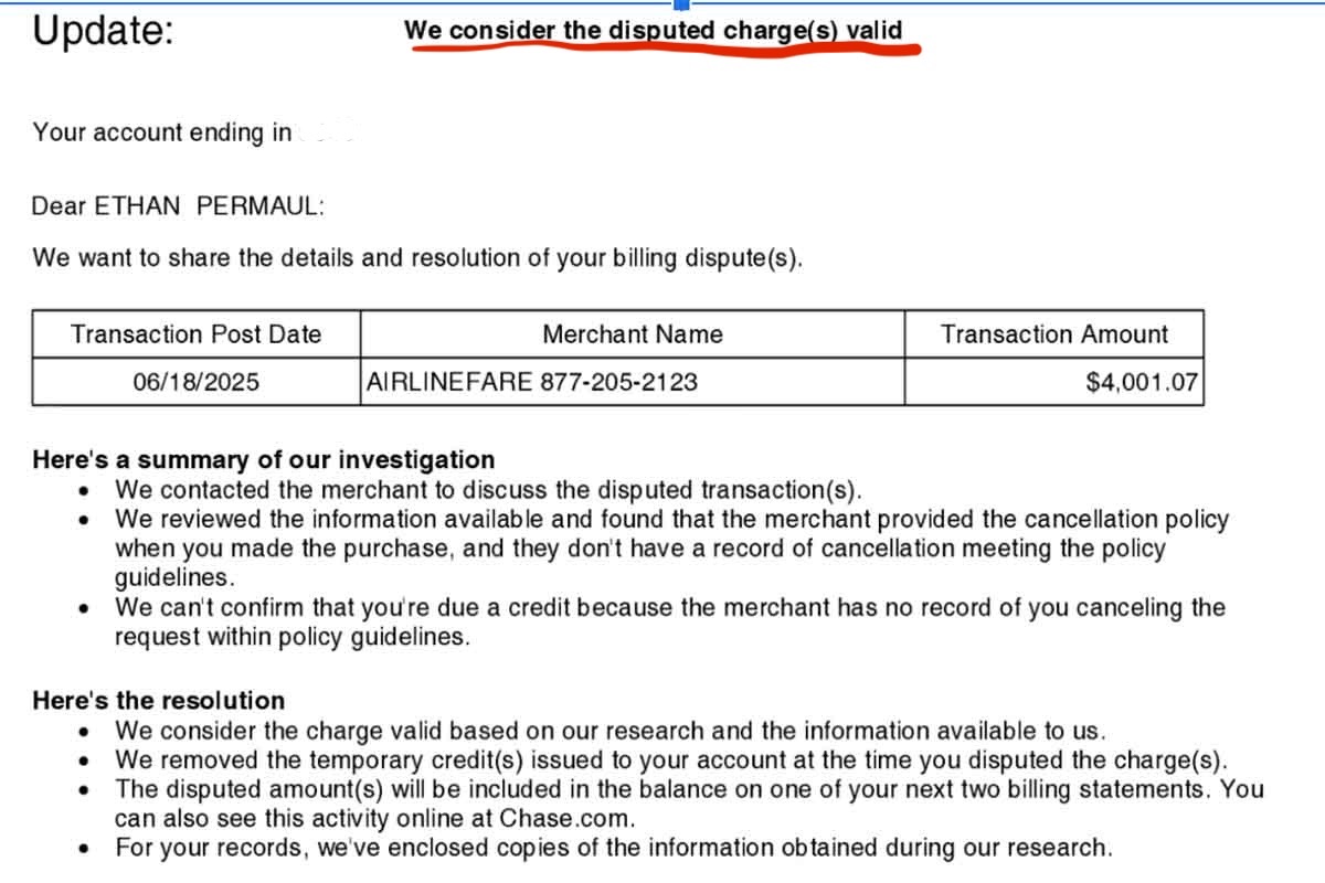 Chase finds the $4,000 service fee on top of the $428 Southwest Airlines ticket a valid charge. The scam call center gets to keep the stolen money. Or does it?