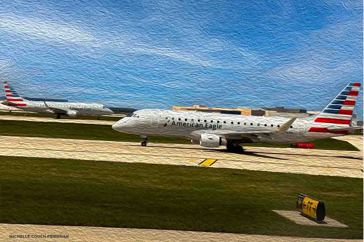 Michelle Couch-Friedman explains American Airlines travel credit rules, Two AA aircraft on the runway at ORD, Consumer advocate AA travel credit guide