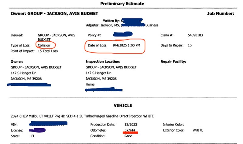 This is the official Vehicle Incident Report (VIR) for the Chevy Malibu. It shows that this rental car customer is being billed for mechanical failure after someone else drove the vehicle 300 miles.