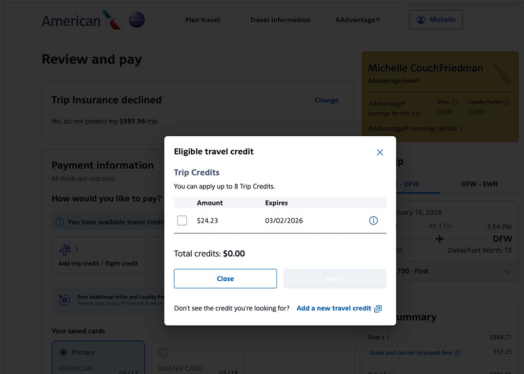Final screen to apply the available AA travel credit