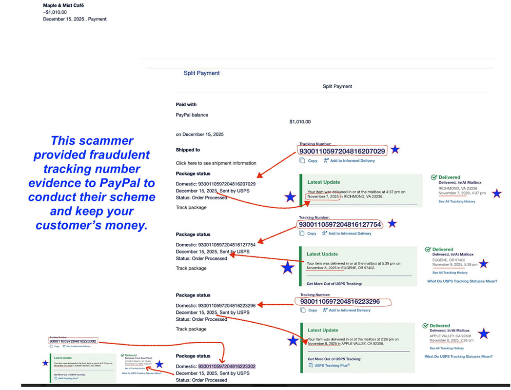 Investigator Michelle Couch-Friedman overlays the scammers proof with the actual USPS information, Smoking gun that this is a fraudulent charge on the PayPal platform, Original image created by Michelle Couch-Friedman