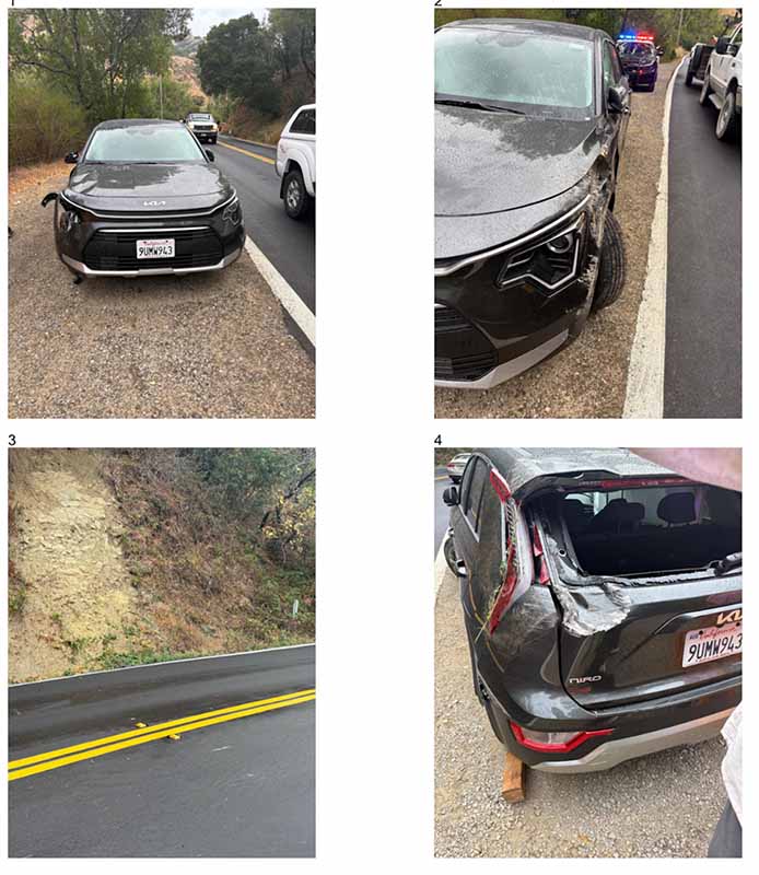 After bouncing off the embankment and spinning around, the rental car was totaled.