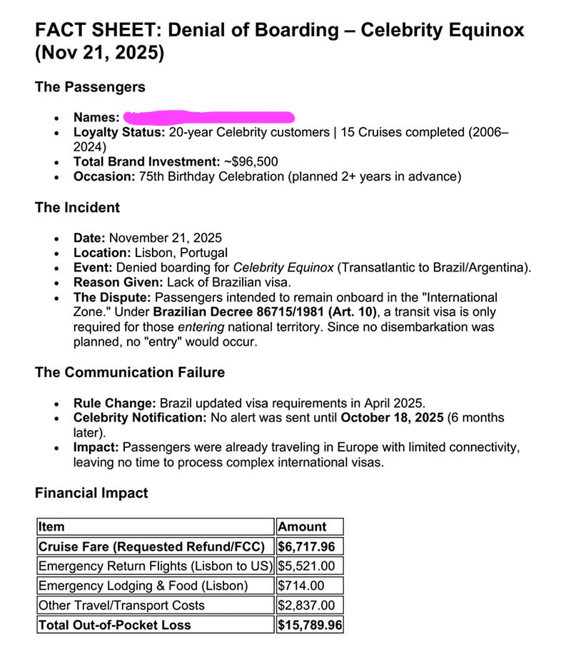 A "fact sheet" filled with incorrect information from a Celebrity Cruises passenger.