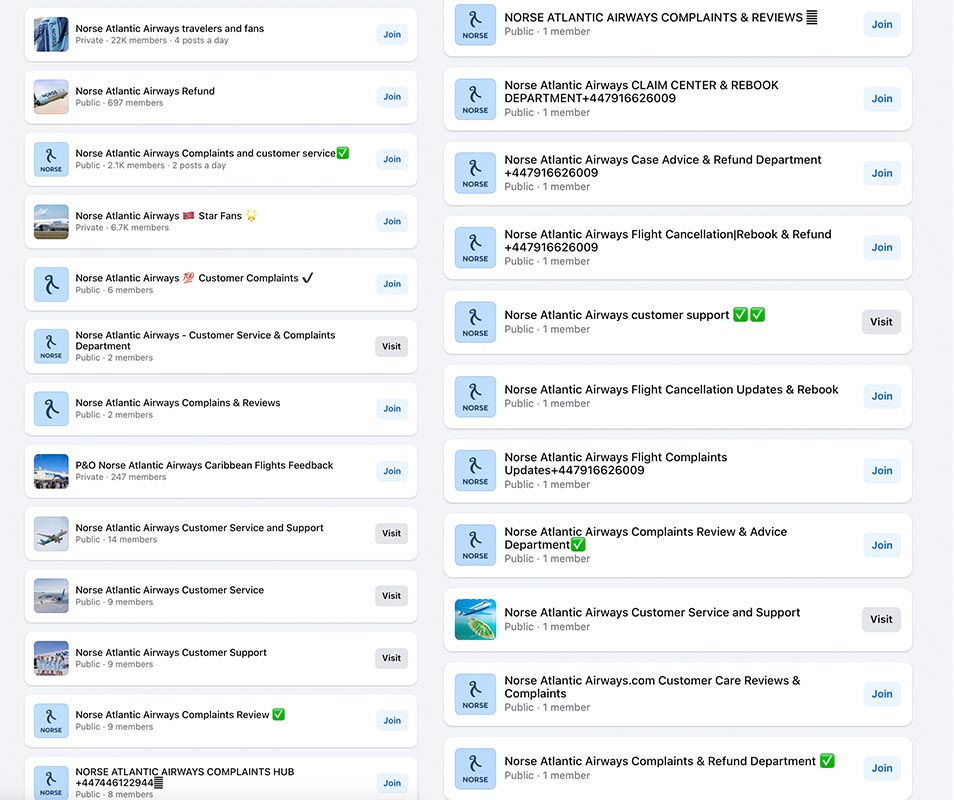 Fake Norse Atlantic customer service Facebook groups are all over Meta. 
