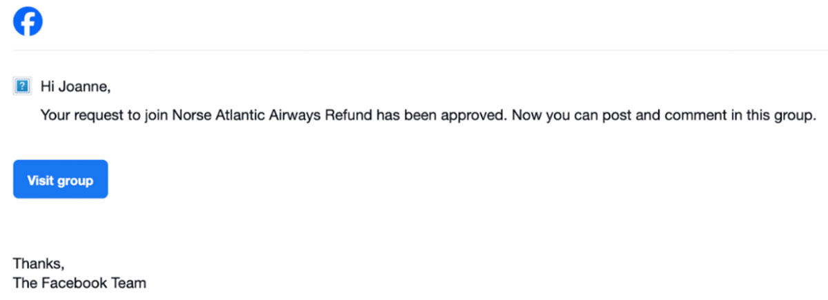 A fake message from "The Fakebook Team" welcomes the member to the scam Facebook group. 