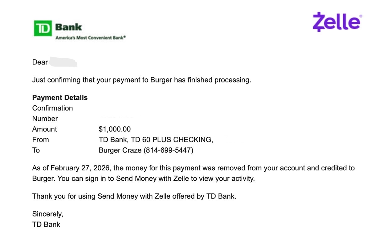 TD Bank confirms the traveler sent $1,000 with Zelle to Burger Craze.