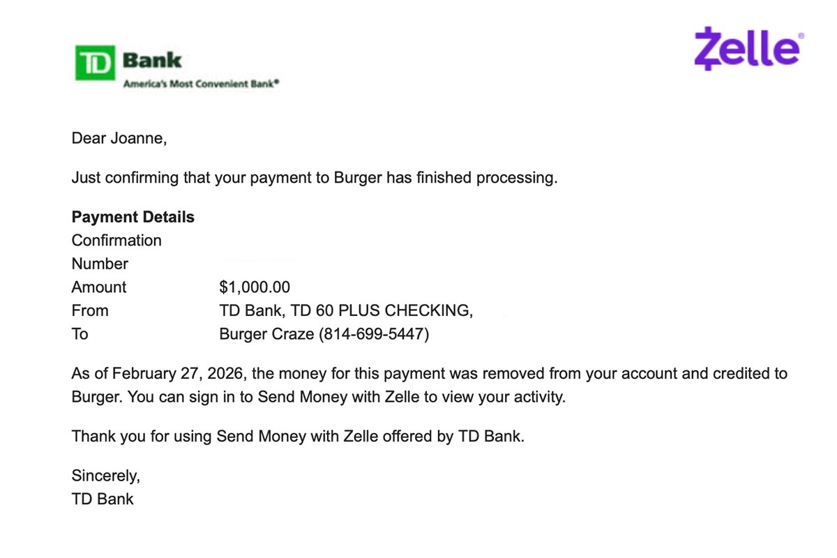 TD Bank confirms the traveler sent $1,000 with Zelle to Burger Craze.