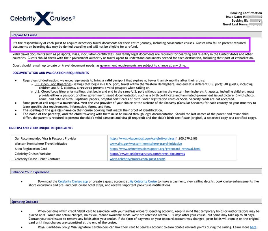 The Celebrity Cruises contract reminds passengers they'll be denied boarding if they don't have the documents they need to enter all the countries on their itinerary.