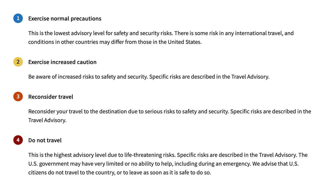 The U.S. Department of State's travel warning chart.