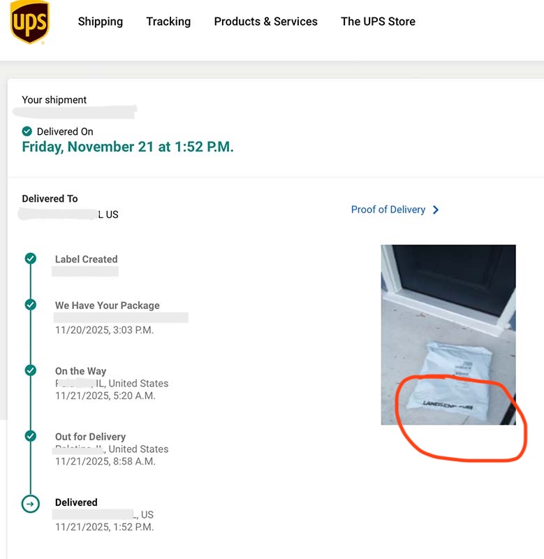 The full-resolution version of the photo tells another story: that package came from Lands End, not Blankies.