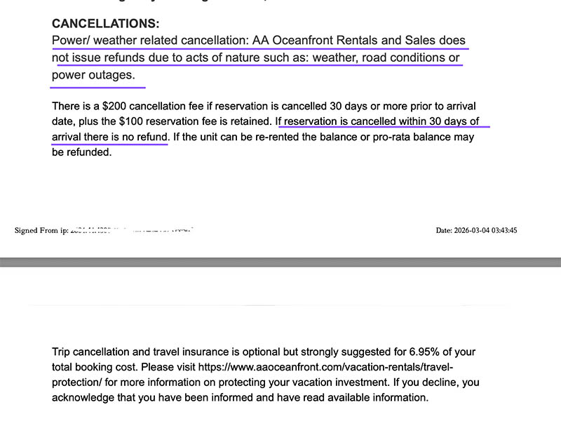 The Vrbo guest signed this contract which says the management company doesn't refund if a customer cancels because of the weather. 