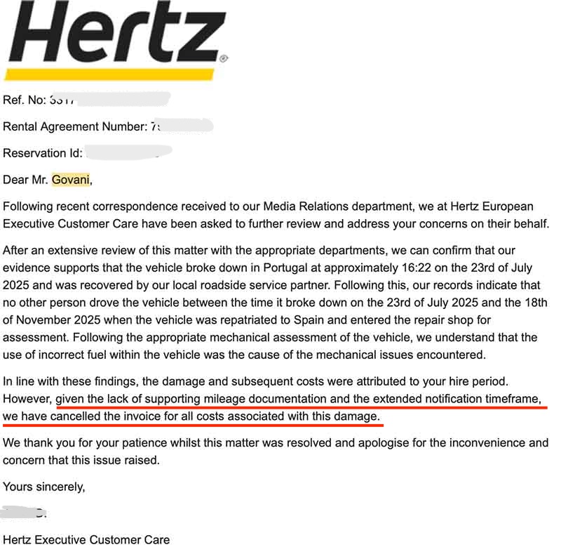 Hertz drops the $9,000 rental car repair bill because it is unable to provide documentation directly connecting this customer to the damage.