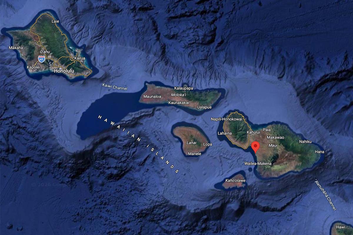 A map of the Hawaiian Islands shows the location of the Vrbo the family was forced to cancel due to the historic storms and resulting floods.