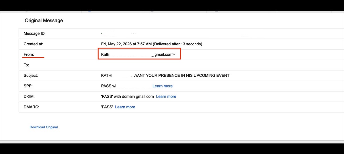 The invitation's header information shows it was not sent from Punchbowl. It was sent directly from my friend's Gmail account, proving this is a scam. 