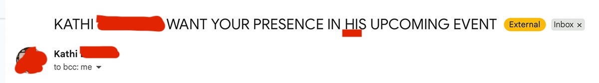 The subject line of this fake Punchbowl invitation is filled with grammatical mistakes.