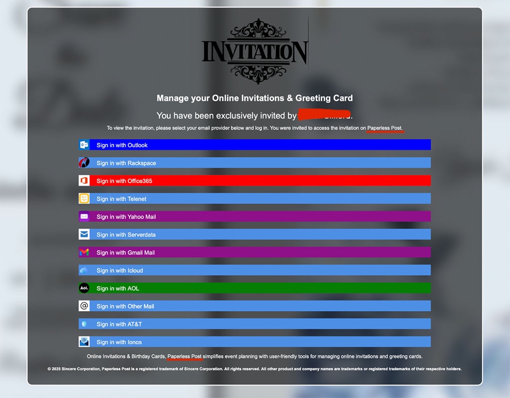 Behind the buttons on the Fake Punchbowl invitation is the phishing page from fake Paperless Post. 
