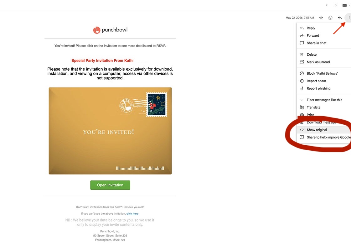 These are instructions from Michelle Couch-Friedman to help readers learn how to see the full original message of an email to determine whether it's a scam. 