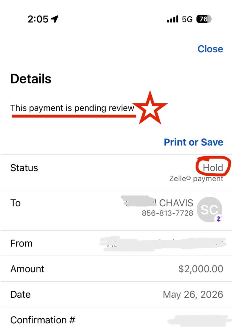 The Zelle confirmation that my daughter received from her bank shows the $2,000 scam transaction.