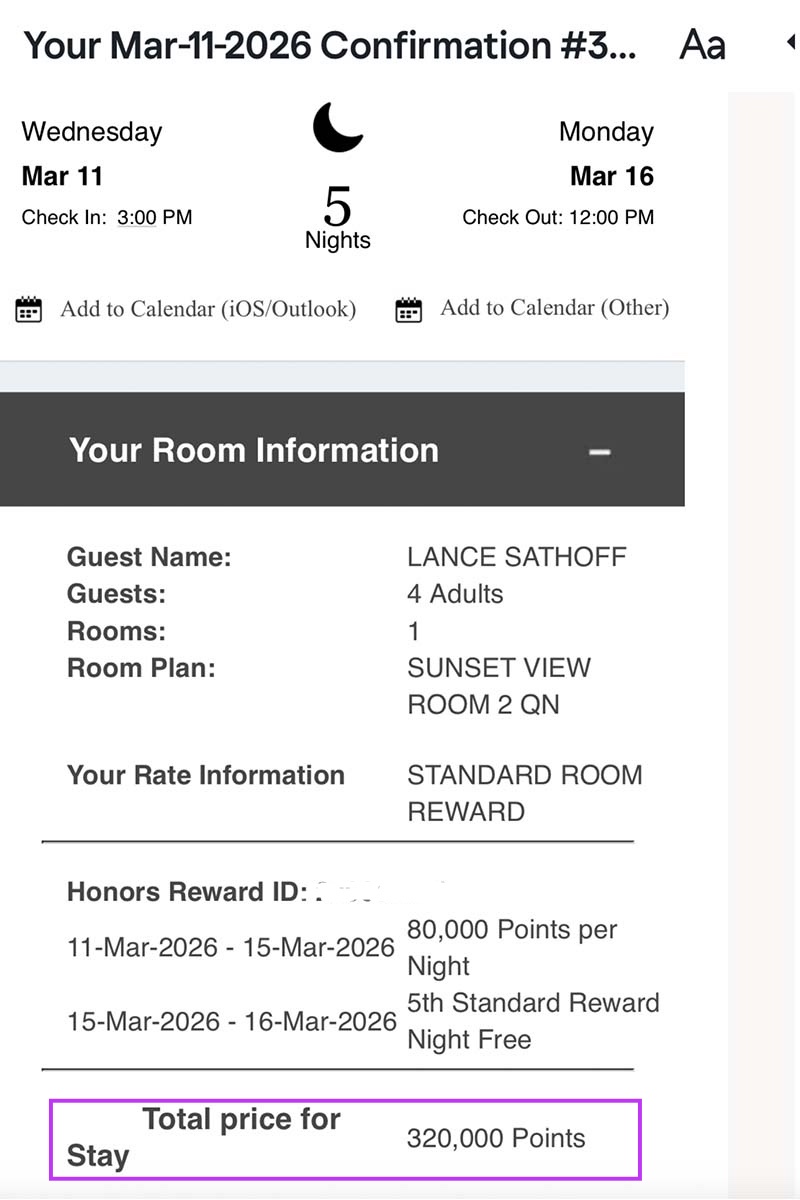 Hilton confirms the total room cost for the 5-night hotel stay as 320,000 Honors points.