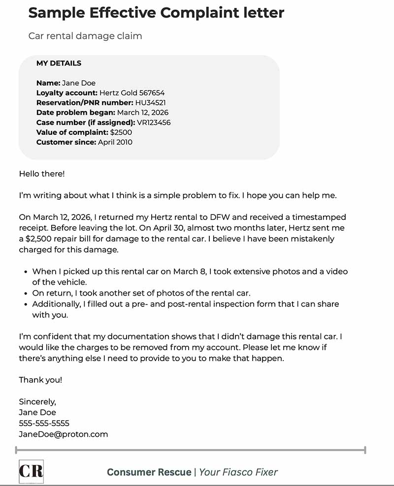 Car rental damage claim complaint letter A false car rental damage complaint letter from Consumer Rescue.
