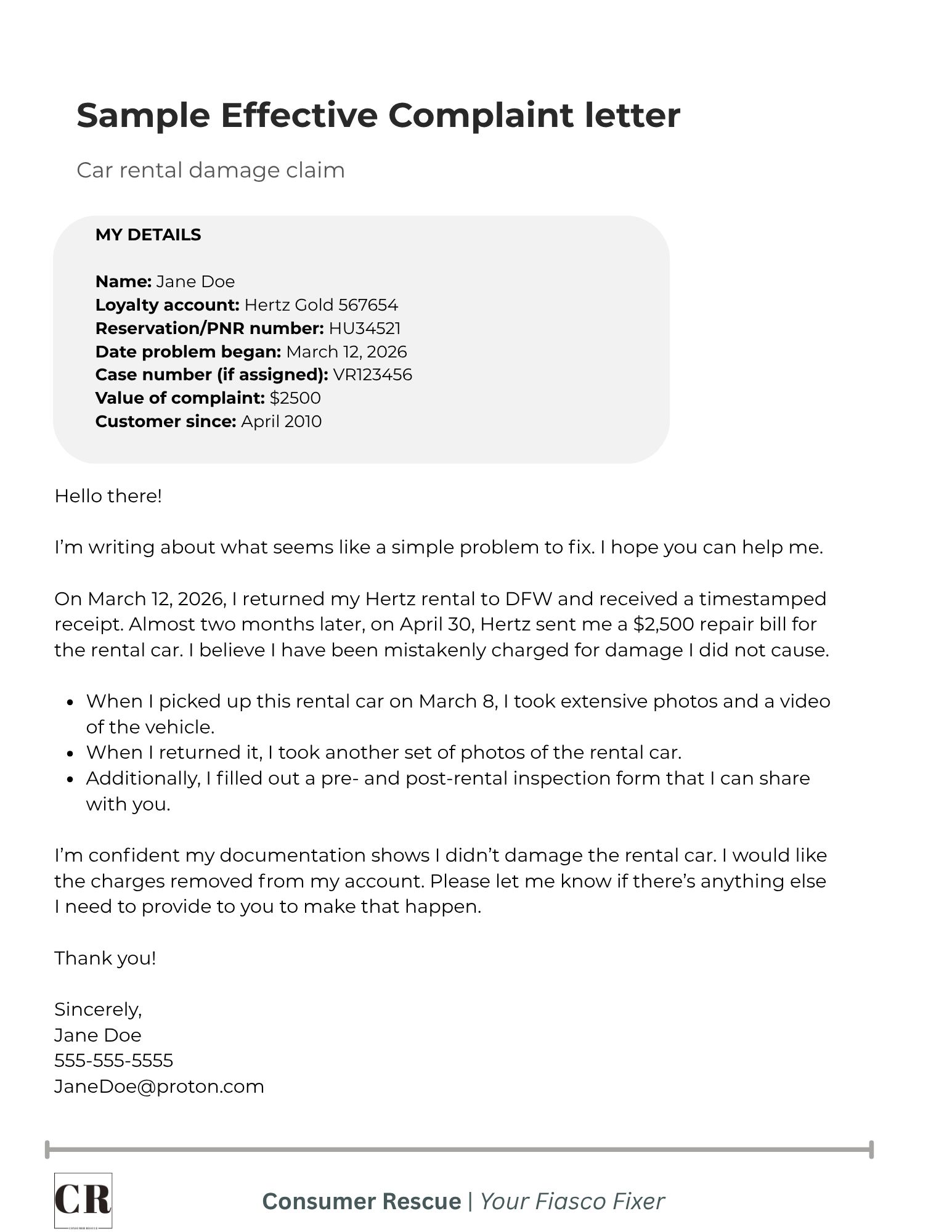 Fight a false car rental damage accusation (complaint letter template)