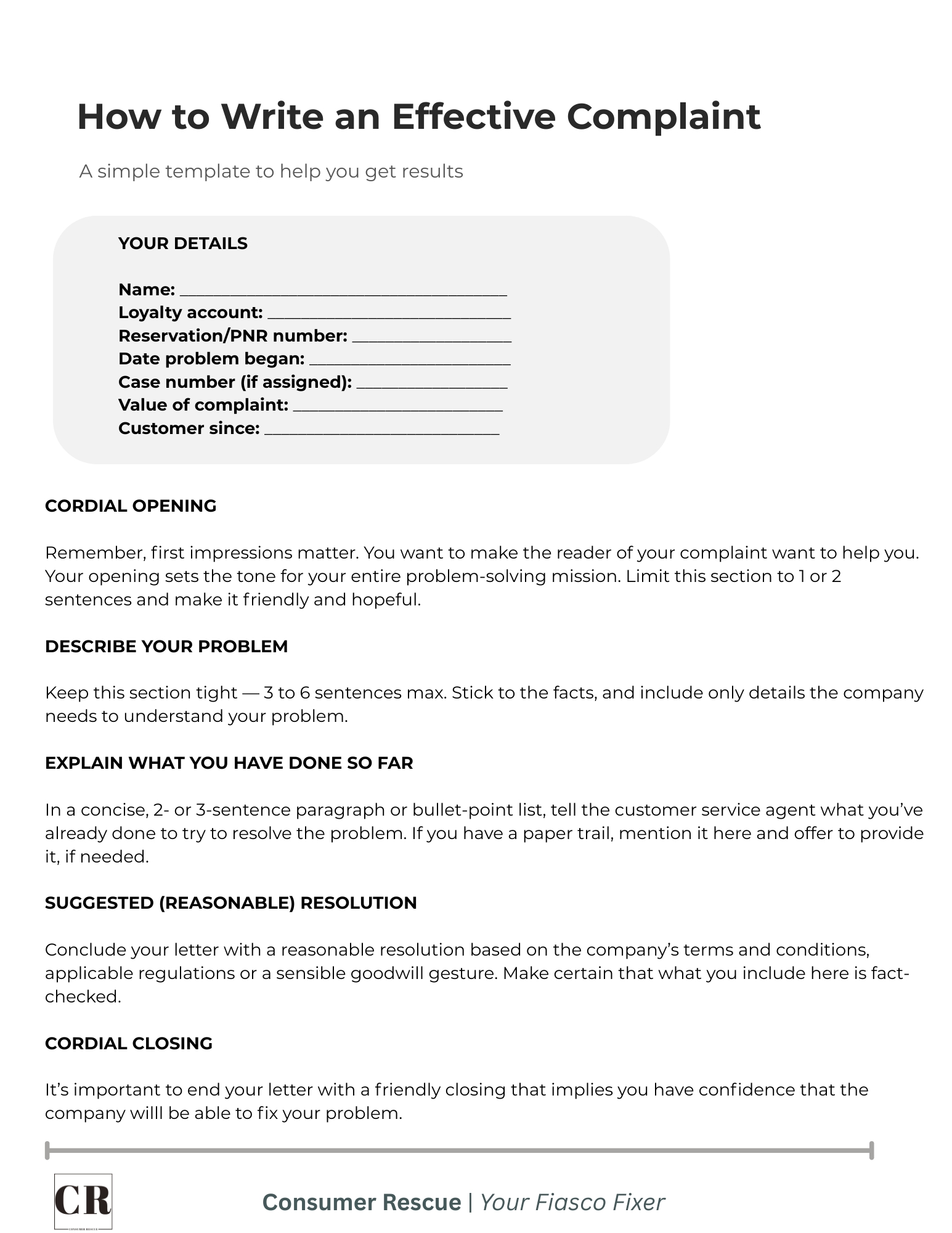 Free, effective complaint letter template for travelers and other consumers from Michelle Couch-Friedman.
