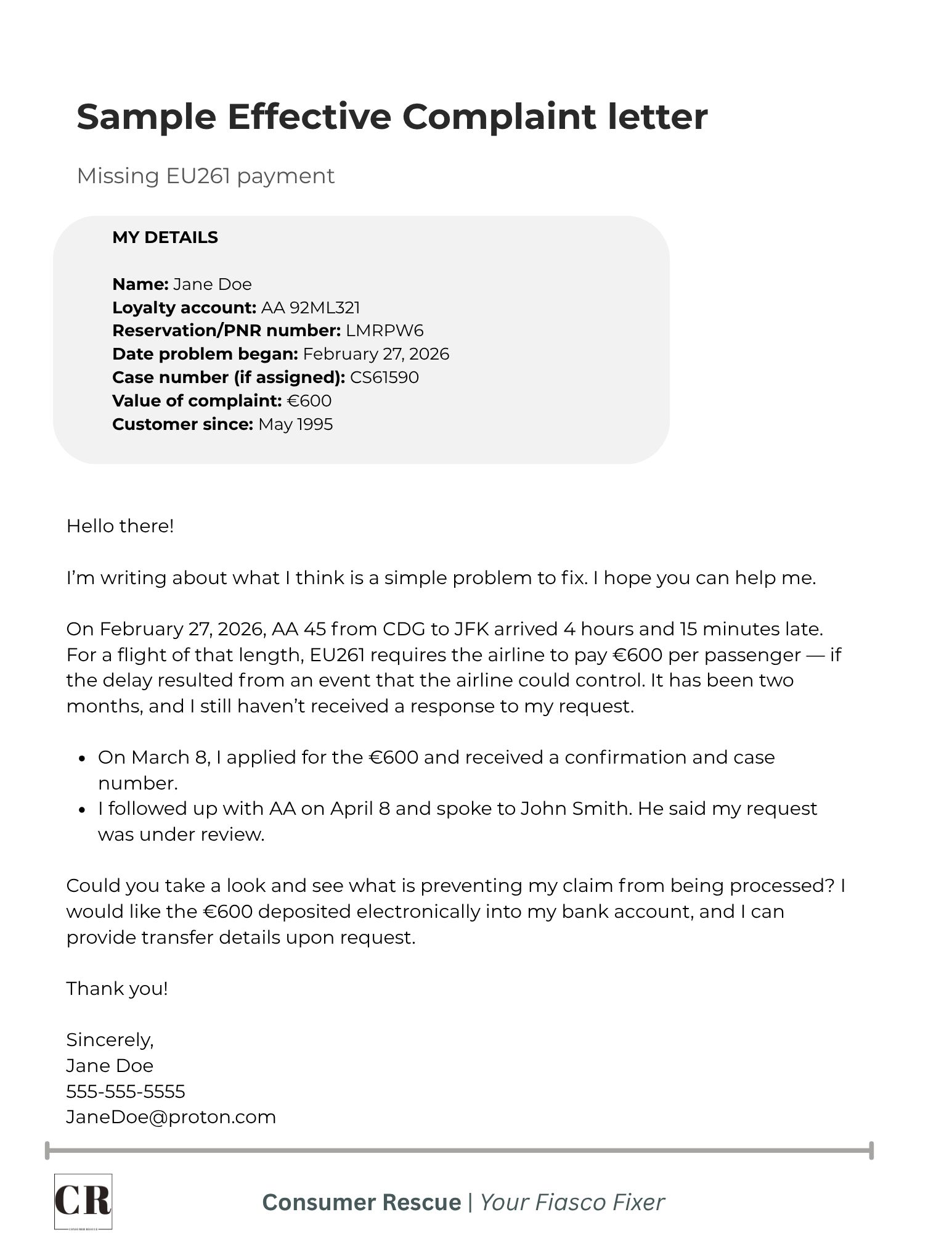 This is a free template of a simple complaint letter that air passengers can use to request EU 261 compensation.