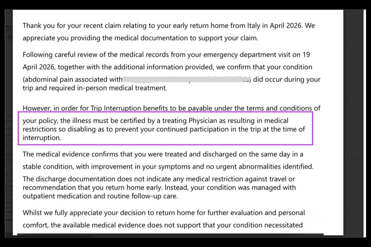 IMG and iTravelInsured explain that the claim was rejected because no doctor approved the trip interruption.