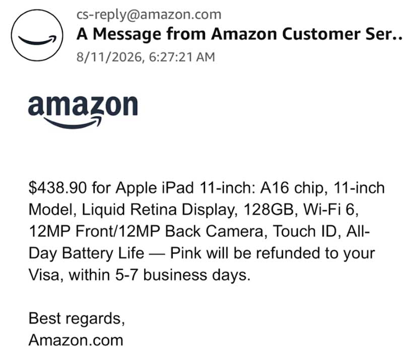 Amazon Customer Service bot confirms a refund.