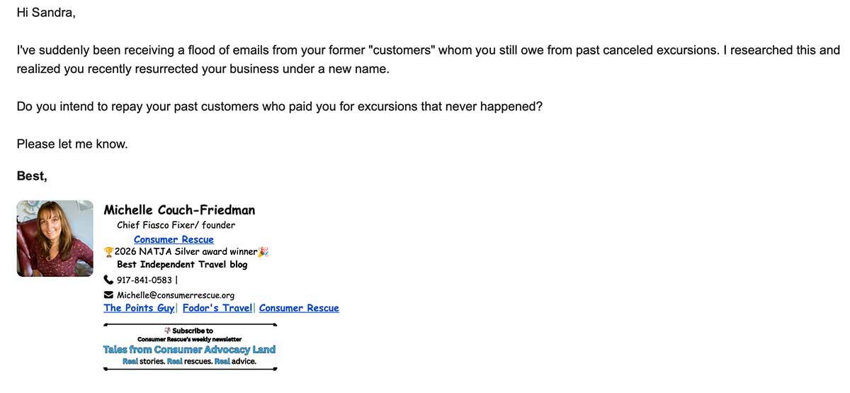 Michelle Couch-Friedman asks O'Leary about her new business and reminds her of the debt she owes to former customers. 